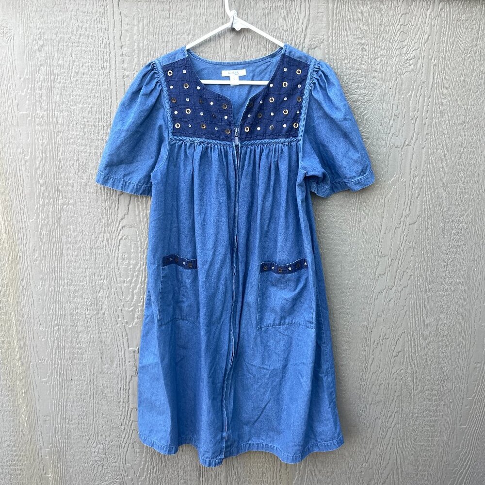 Go Softly Patio Dress SMALL MuMu Blue Denim Sequin Embellished Full Zip  Pockets